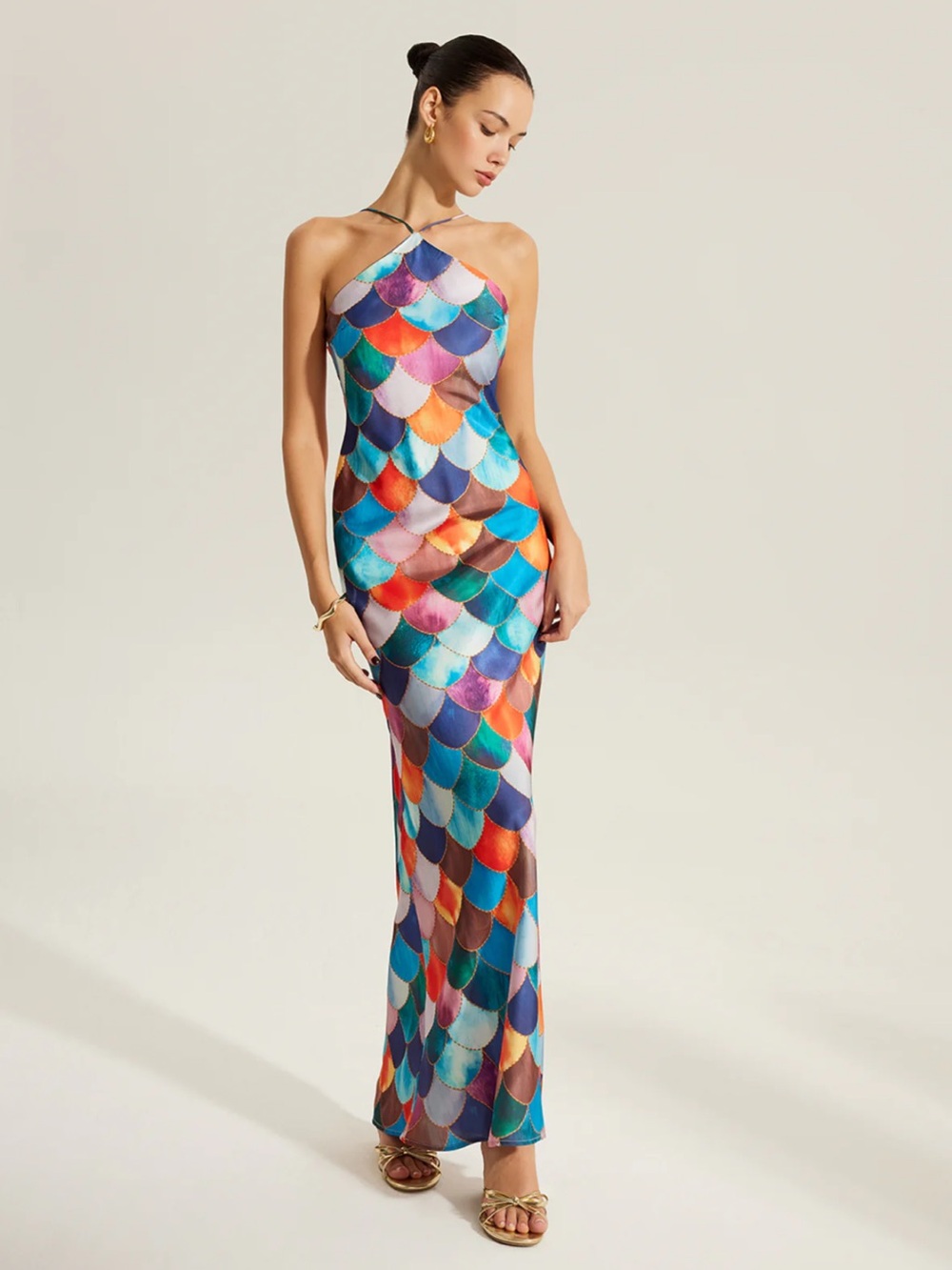 Commense Multicolor One-Shoulder Mermaid-Scale Maxi Dress